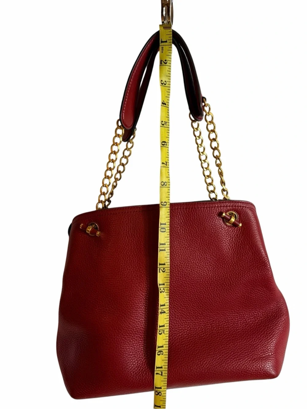 Tory Burch Deep Red Pebbled Leather Gold Chain Shoulder Tote Bag